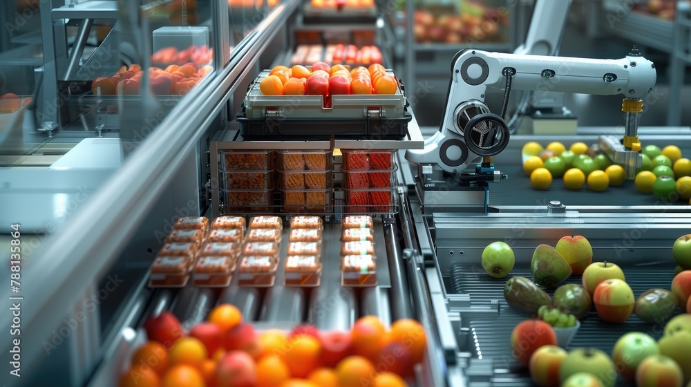 Poster A Visual Quality Inspection robot examining food packaging on conveyor belt, focusing on the robot precise movement and detailed scanning process with various food packages passing by. Generative AI.