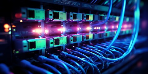 Naklejka premium Telecommunication Ethernet Cables Connected to Internet Switch, Data Center Concept