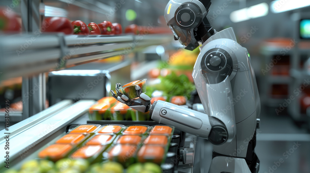 Poster A Visual Quality Inspection robot examining food packaging on conveyor belt, focusing on the robot precise movement and detailed scanning process with various food packages passing by. Generative AI.