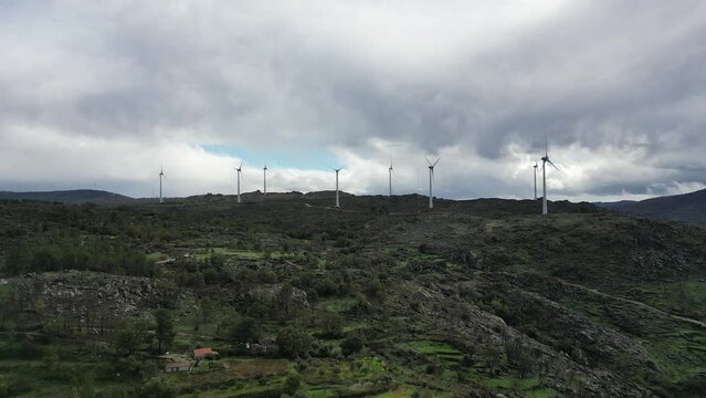 Aerial view of wind turbines in Sortelha, Guarda District, Portugal.