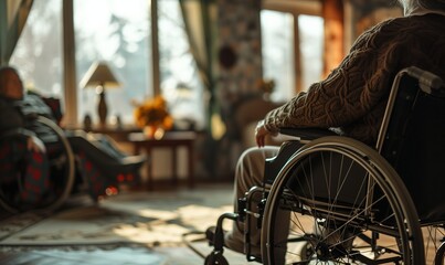 Two elderly people in wheelchair in a retirement home, senior health care living center, housing for dependent old people with disability, cozy nursing home residents by a summer or autumn afternoon