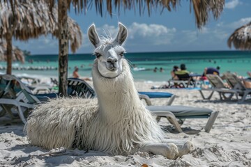Naklejka premium A llama laying on the beach under a palm tree, AI