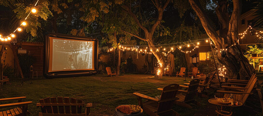 Obraz premium A outdoor cinema setup in the backyard, with seats and string lights around an old movie screen