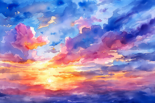 Watercolor drawing of Sunset sky clouds background.