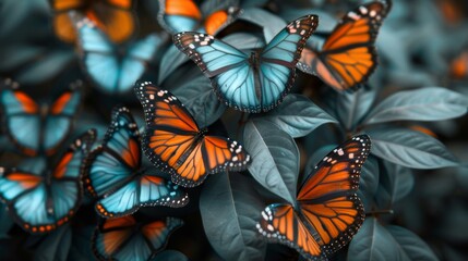 A bunch of butterflies are sitting on top of leaves, AI