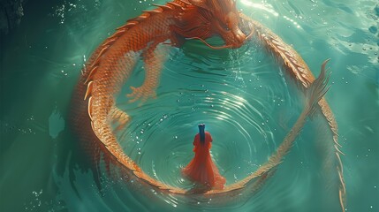 An orange red giant Chinese dragon swimming on the lake surface, the dragon is huge and very long, An ancient Chinese woman wearing red Han-fu, A circle of ripples formed on water. Generative AI. - obrazy, fototapety, plakaty