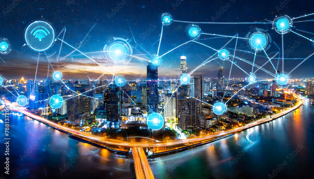 Aufkleber modern city with wireless network connection and city scape concept.wireless network. generative ai.