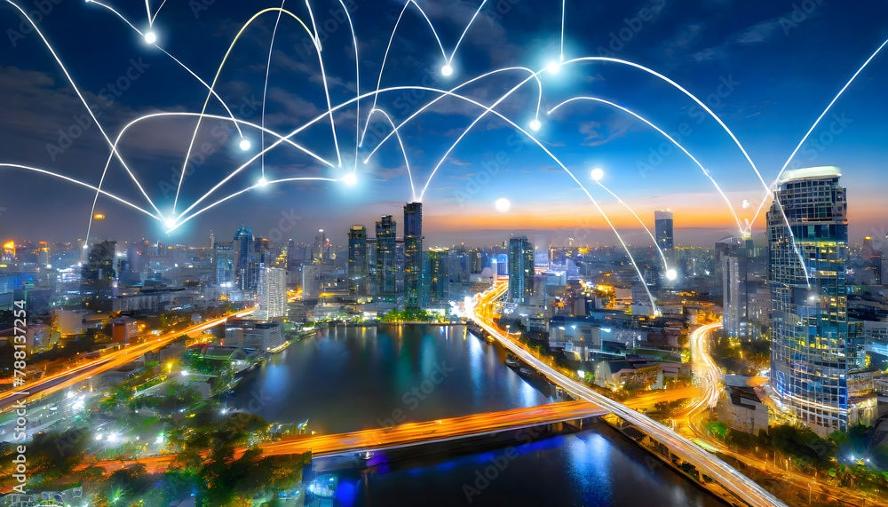 Aufkleber modern city with wireless network connection and city scape concept.wireless network. generative ai.