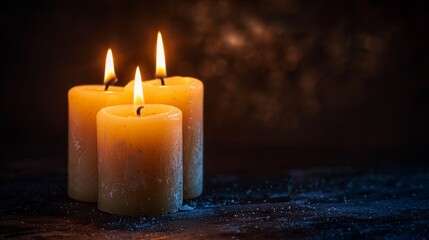 Three candles are lit in a dark room with some water, AI