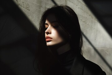 A portrait of a woman in shadows, her features partially illuminated, conveying a sense of mystery and contemplation.

