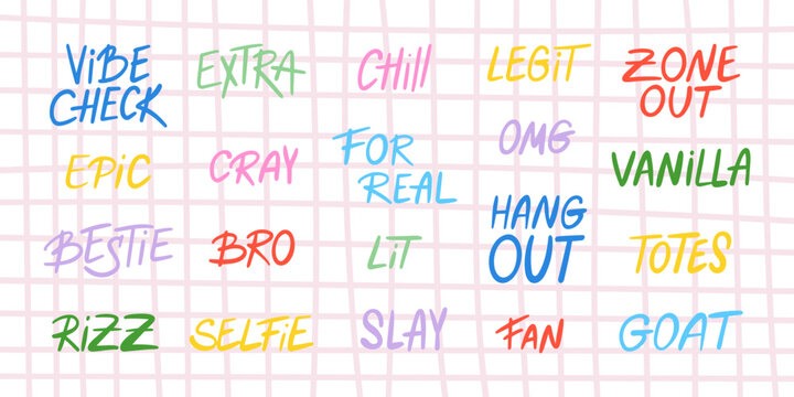 Set of slang words, hand drawn lettering of modern short phrases. Gen Z buzzwords, millenial catchphrases in colorful vector