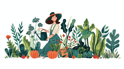 Woman wearing hat and holding watering can and plants
