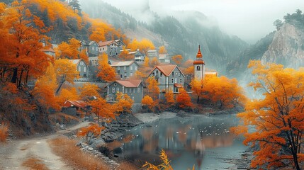 A epic autumn mountain village. Generative AI.