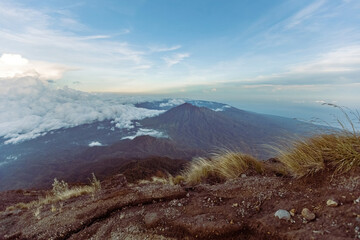 Bali Volcano. Panorama of Bali from Agung volcano at 3030 m altitude at sunrise, Bali, Indonesia