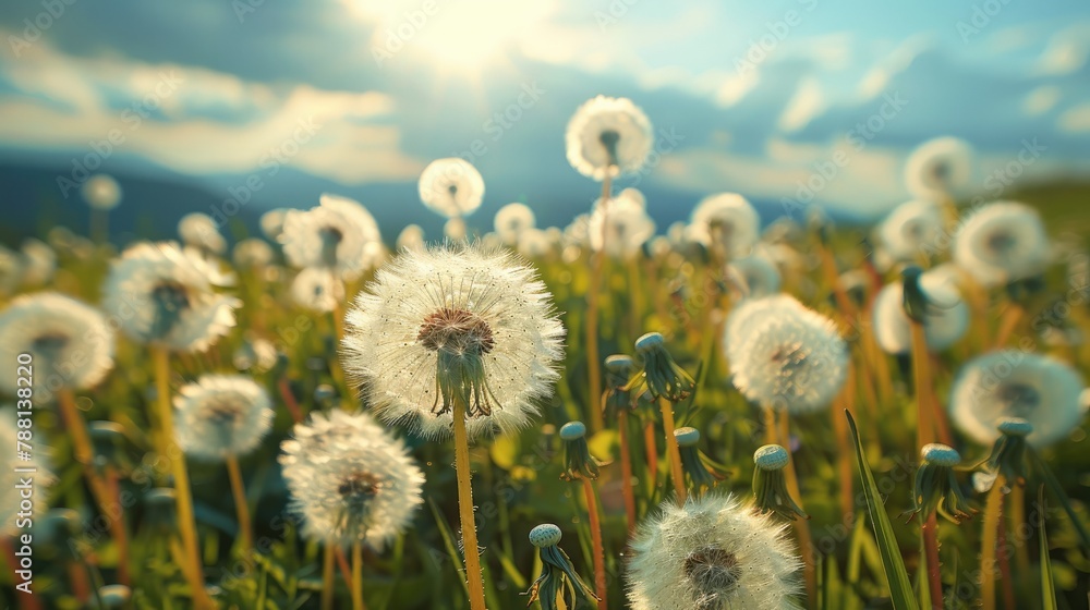 Poster white fluffy dandelions weeds on grassland. generative ai.