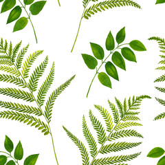 Watercolor seamless pattern with branches and leaves. Hand painted leaves on white background.