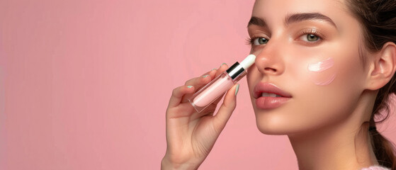 Young beautiful girl model holds facial make-up cosmetic serum in her hand and drops it onto her face with a pipette on a minimalist pastel pink background created with Generative AI Technology