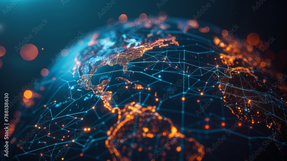 Poster a focused perspective on a globe with emphasized trade routes, emblemizing the intricate mesh of glo