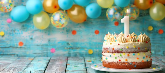 Celebratory cake with number one candle, balloons, and party decor on blurred background for text