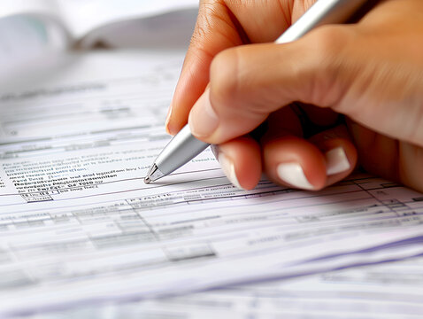 Person filling out forms, concept of detailed healthcare documentation and patient information. insurance concept.