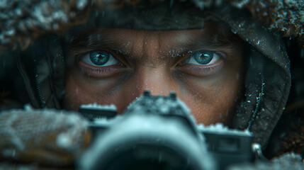 Man with camera focusing lens on viewer. Photographer and urban exploration concept for design and print