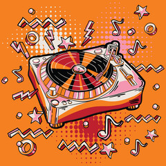 Drawn vinyl records turntable and musical notes, colorful music design