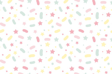 Sprinkle vector seamless pattern with stars and dots. Donut vector background. Sweet cake, confetti, candy texture. Colorful wallpaper