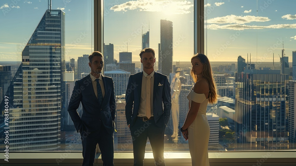Aufkleber Three lawyers are standing in a row and behind them is a window overlooking the city. Generative AI.