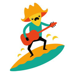  Surfing Salsa Shredder: Taco Rockstar Rides Wave of Flavor with Electric Guitar on T-Shirt Graphic
