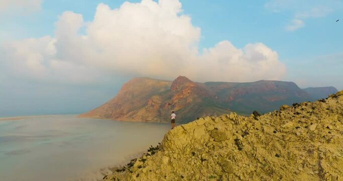 Aerial view of Detwah Lagoon with person, Socotra Island, Yemen.
