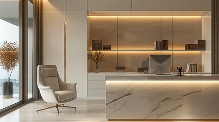 A minimalist desk with chair, a wall cabinet for storage and lighting in the background. The large and bright space has light wood flooring. A modern interior design. Generative AI.