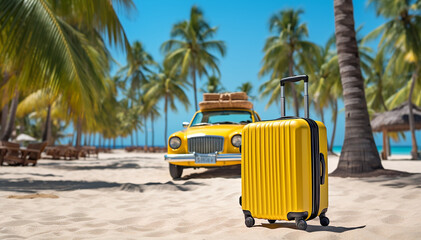 Suitcase on the beach near taxi car background. Yellow travel luggage on white tropical sand near sea ocean. Summer holidays. Vacations trip. Summertime journey . Travel bag. Honeymoon weekend.