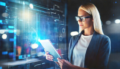 Software, coding hologram and woman on tablet thinking of data analytics, digital technology. Generative AI.