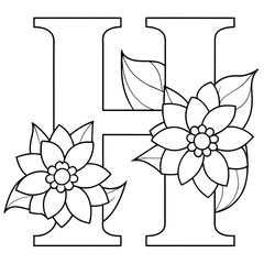 Alphabet H coloring page with the flower, H letter digital outline floral coloring page, ABC coloring page
