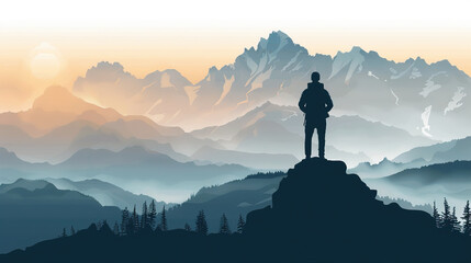 Hiker men in silhouette on hilltop at dawn, adventure in nature concept, banner, copy space