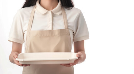 Smiling Student Asian woman wearing white t-shirt and beige apron with two hands holding a big tray isolated on white background