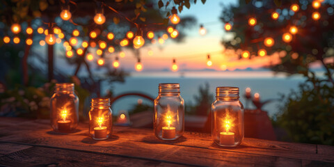 Mason jars and string lights sit on a wooden table overlooking the ocean at dusk, the scene lit by the warm glow from multiple bulbs. - obrazy, fototapety, plakaty