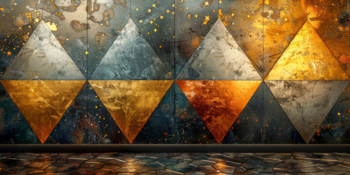 An abstract composition of geometric shapes in gold and silver, with stars painted on the surface, against a patterned wall covered in diamond-shaped tiles.
