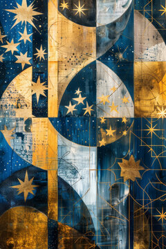 An abstract painting features geometric shapes in gold and silver, with stars painted on the surface, against a dark blue backdrop with golden patterns.