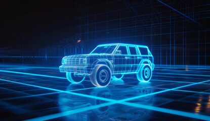A vehicle hologram in blue, set on a grid background, features glowing lines and effects.