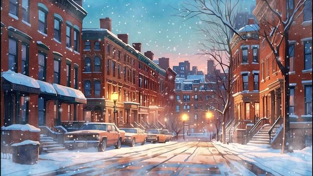 Winter City Scape: Anime Cartoon Style Scenes in Classic American 4K Loop