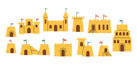 Set of sand castles in flat style. Vector illustration of fun in the sand, building construction on white background.