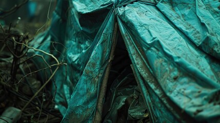 Abandoned green tent in the forest. Concept of ecological disaster