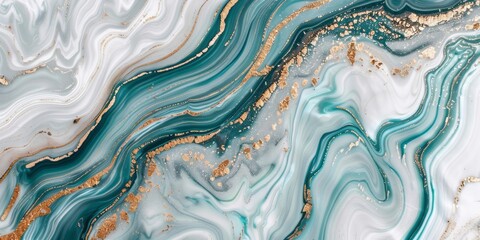 A marble pattern with white, teal, and gold veins is set against a white background.