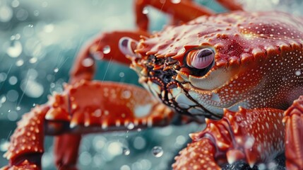 Close up of a red crab on the background of water. - obrazy, fototapety, plakaty