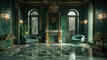 Obraz premium A fancy stylish room with colors dark green and gold. Generative AI.