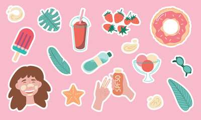 Cute summer stickers for planner, fruits and drinks, exotic leaves and flowers. Beach party elements, bikini, sandcastle, tropical vacation doodles, summertime sticker set