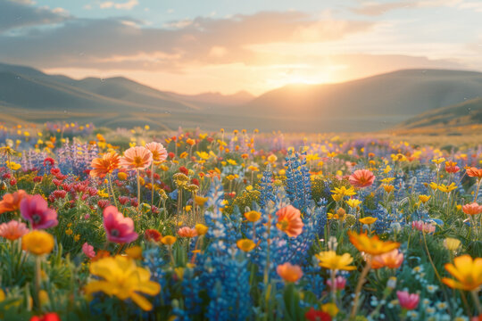 A scene depicting the early morning in the desert, with the first light illuminating a vibrant sprea