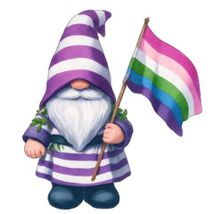 Pride Month wearing rainbow clothes, LGBTQ+ gnome holding colorful LGBTQ+ flags, homosexuality. transparent background