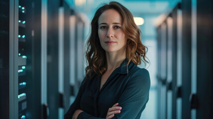 portrait of middle-aged businesswoman female with long brown hair working against the background of a bright and large server data center in charge as CTO company created with Generative AI Technology